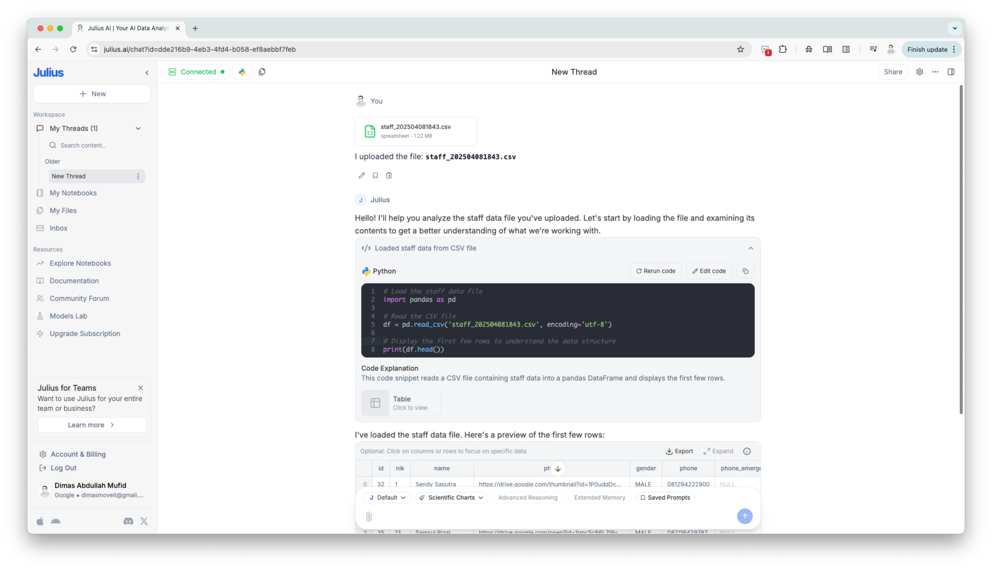 Julius AI generated Python code result